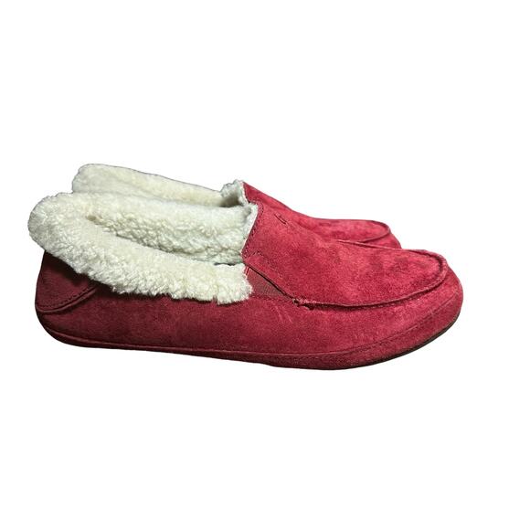 OluKai Ku'una Slipper size 6 Lilikoi red genuine Shearling & Nubuck Leather - Picture 1 of 10